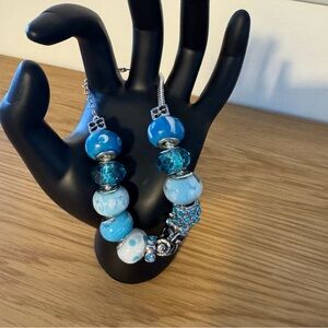 Charm Bracelet Blue & Silver 15 Charms Interchangable